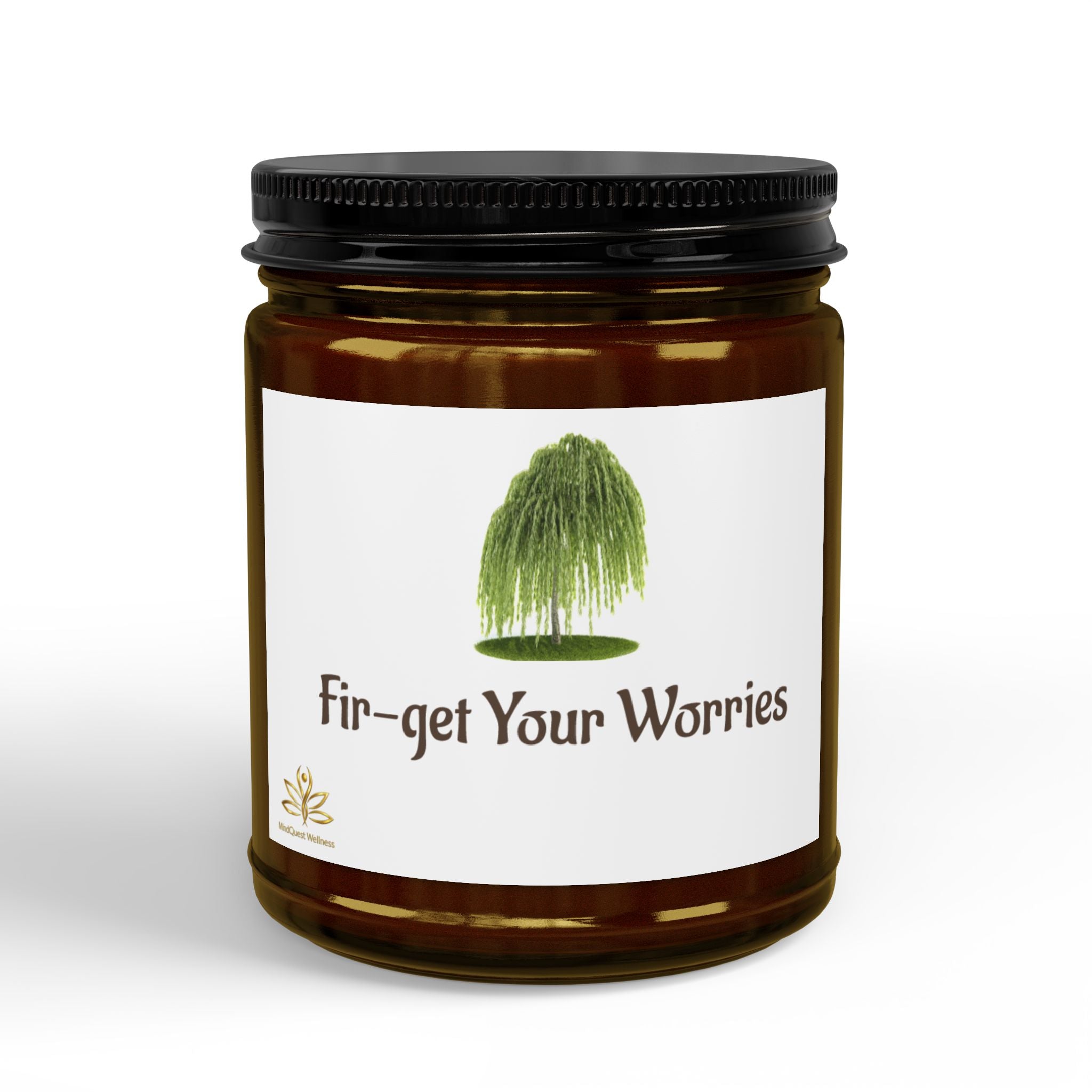Fir-get Your Worries Scented Soy Candle — 4oz & 9oz Amber Jar with Black Lid